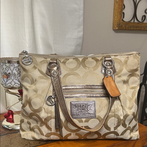 Coach Handbags - Coach Poppy beige and Metallic Shoulder Bag